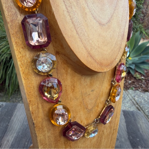 J Crew Statement Necklace Multi Color Jewel Box  18” Gold Tone Chain - Picture 2 of 8